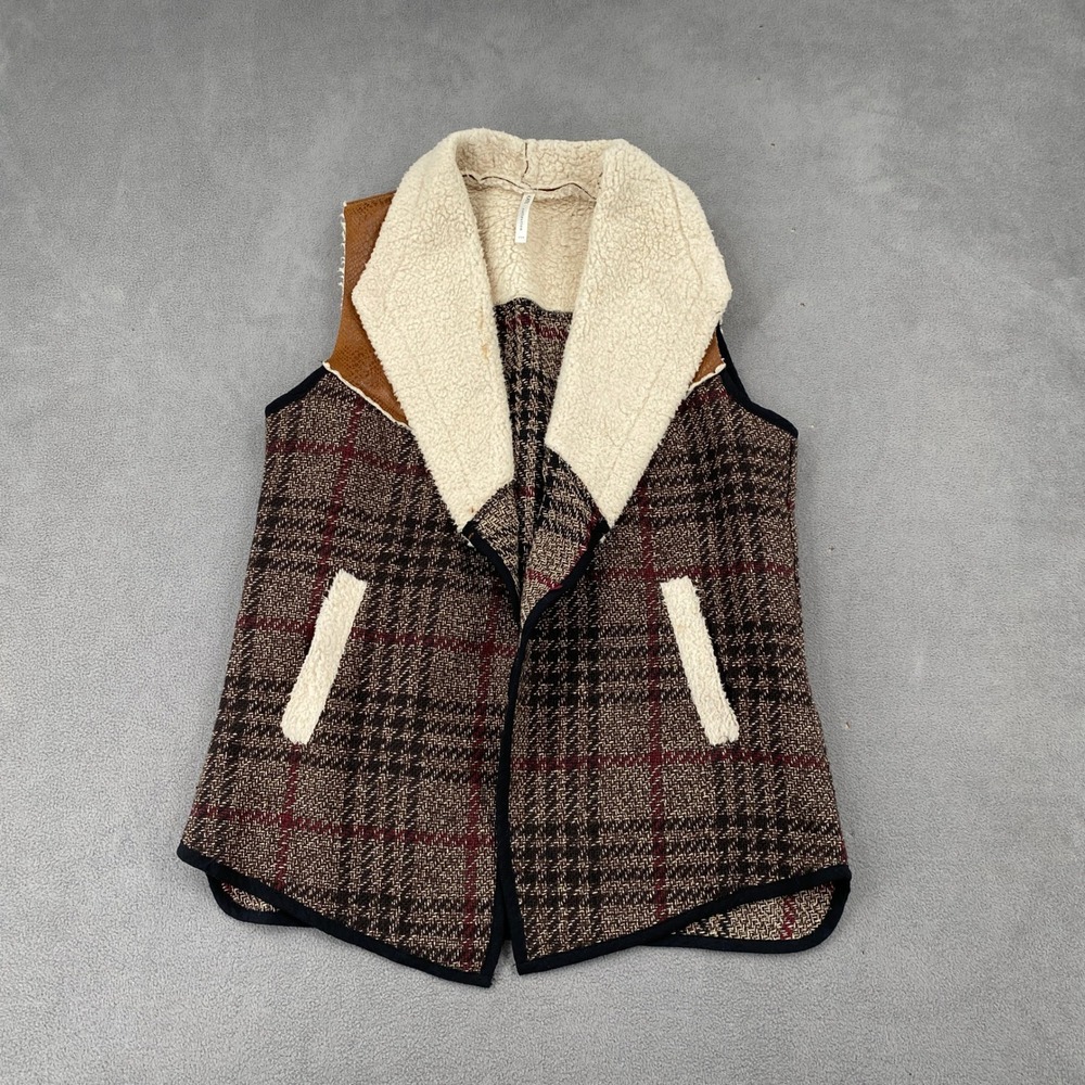 Kate Collection Womens Plaid Faux Shearling Trim Snakeskin Yoke Vest Brown L